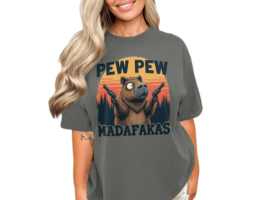 Funny Capybara T-Shirt, Pew Pew Madafakas Tee, Cute Rodent Shirt, Unique Animal Graphic, Trendy Novelty Apparel, Gift Idea for Her Him - IconVexa