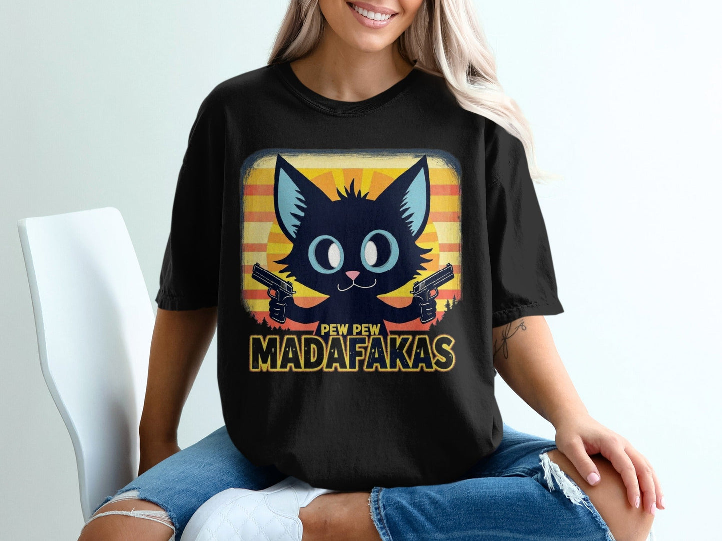 Funny Cat T-Shirt, Pew Pew Madafakas Tee, Gangster Cat Shirt, Kitten Lover Gift, Cool Graphic Tee, Unique Cat Design, Trendy T-Shirt - IconVexa