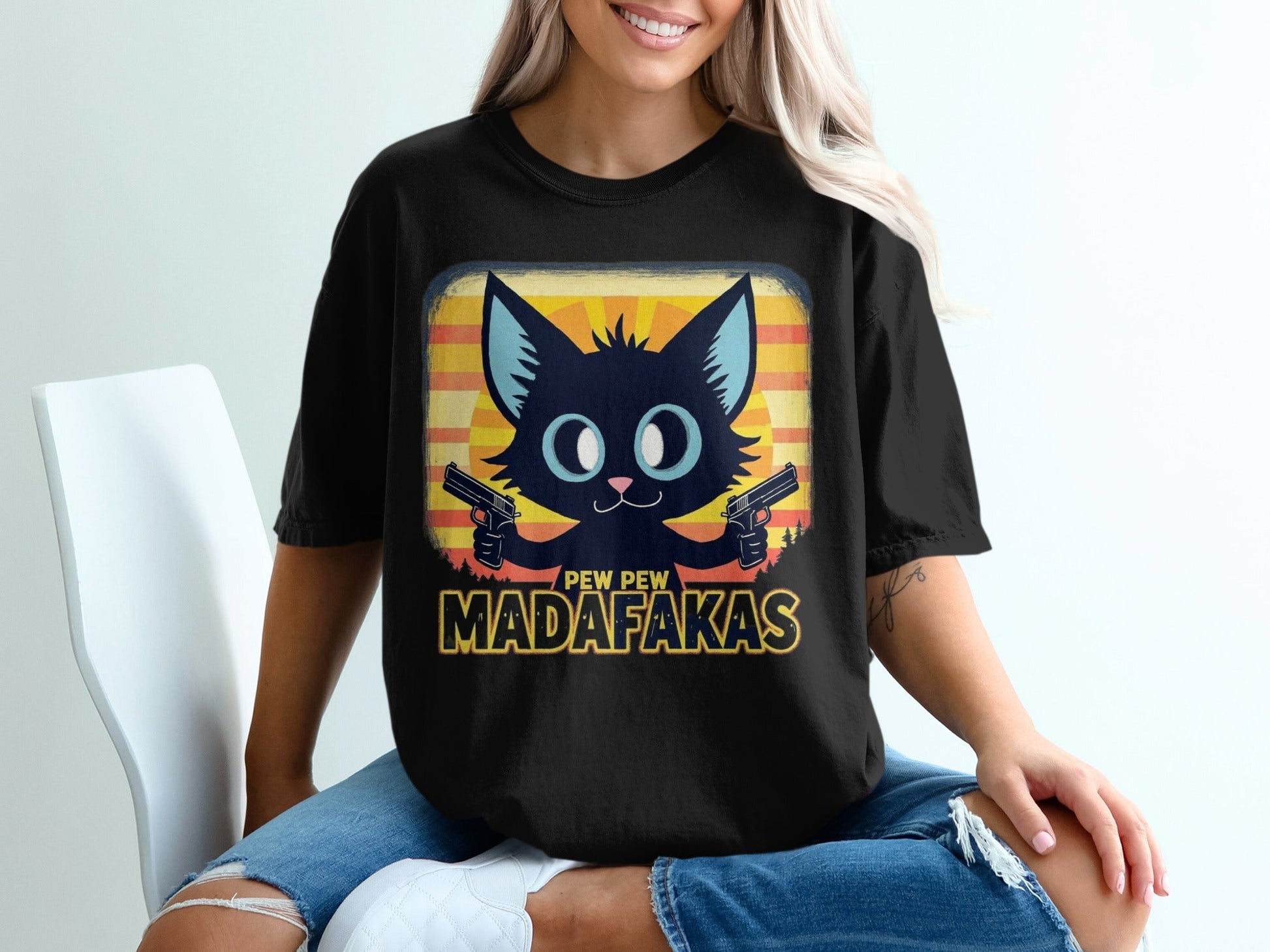 Funny Cat T-Shirt, Pew Pew Madafakas Tee, Gangster Cat Shirt, Kitten Lover Gift, Cool Graphic Tee, Unique Cat Design, Trendy T-Shirt - IconVexa
