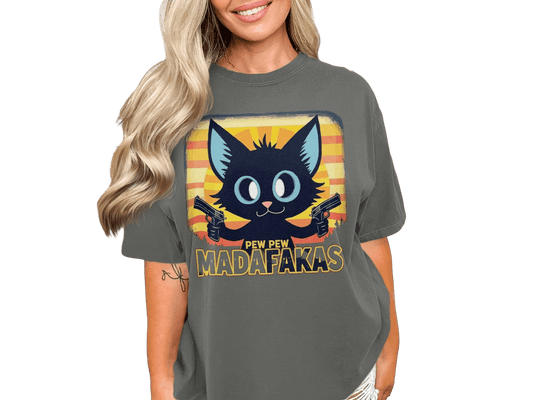 Funny Cat T-Shirt, Pew Pew Madafakas Tee, Gangster Cat Shirt, Kitten Lover Gift, Cool Graphic Tee, Unique Cat Design, Trendy T-Shirt - IconVexa