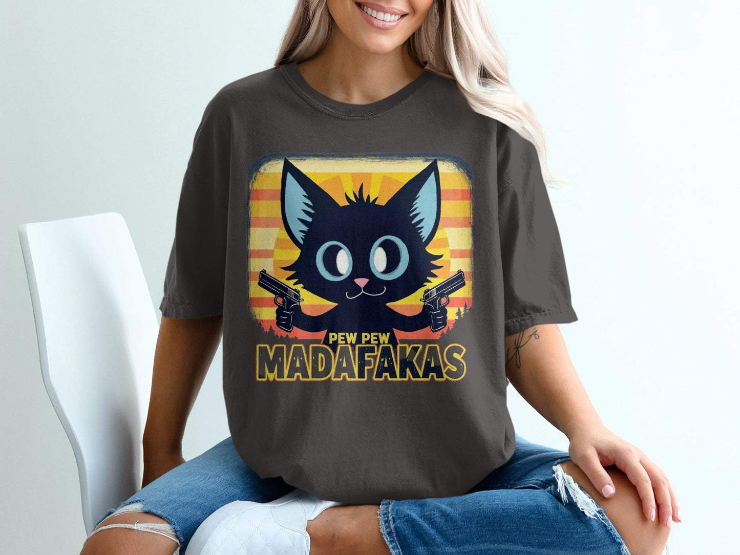 Funny Cat T-Shirt, Pew Pew Madafakas Tee, Gangster Cat Shirt, Kitten Lover Gift, Cool Graphic Tee, Unique Cat Design, Trendy T-Shirt - IconVexa
