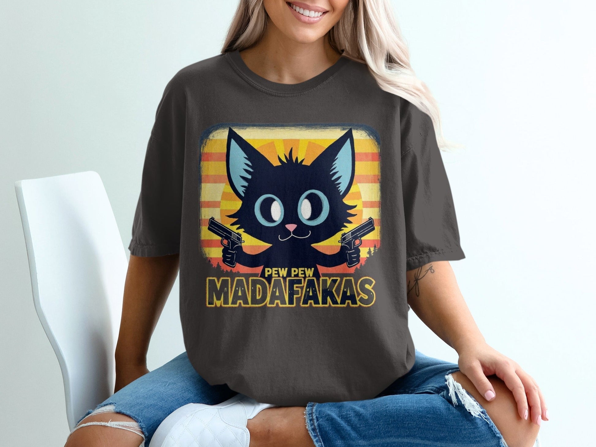 Funny Cat T-Shirt, Pew Pew Madafakas Tee, Gangster Cat Shirt, Kitten Lover Gift, Cool Graphic Tee, Unique Cat Design, Trendy T-Shirt - IconVexa