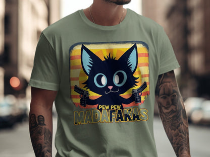 Funny Cat T-Shirt, Pew Pew Madafakas Tee, Gangster Cat Shirt, Kitten Lover Gift, Cool Graphic Tee, Unique Cat Design, Trendy T-Shirt - IconVexa