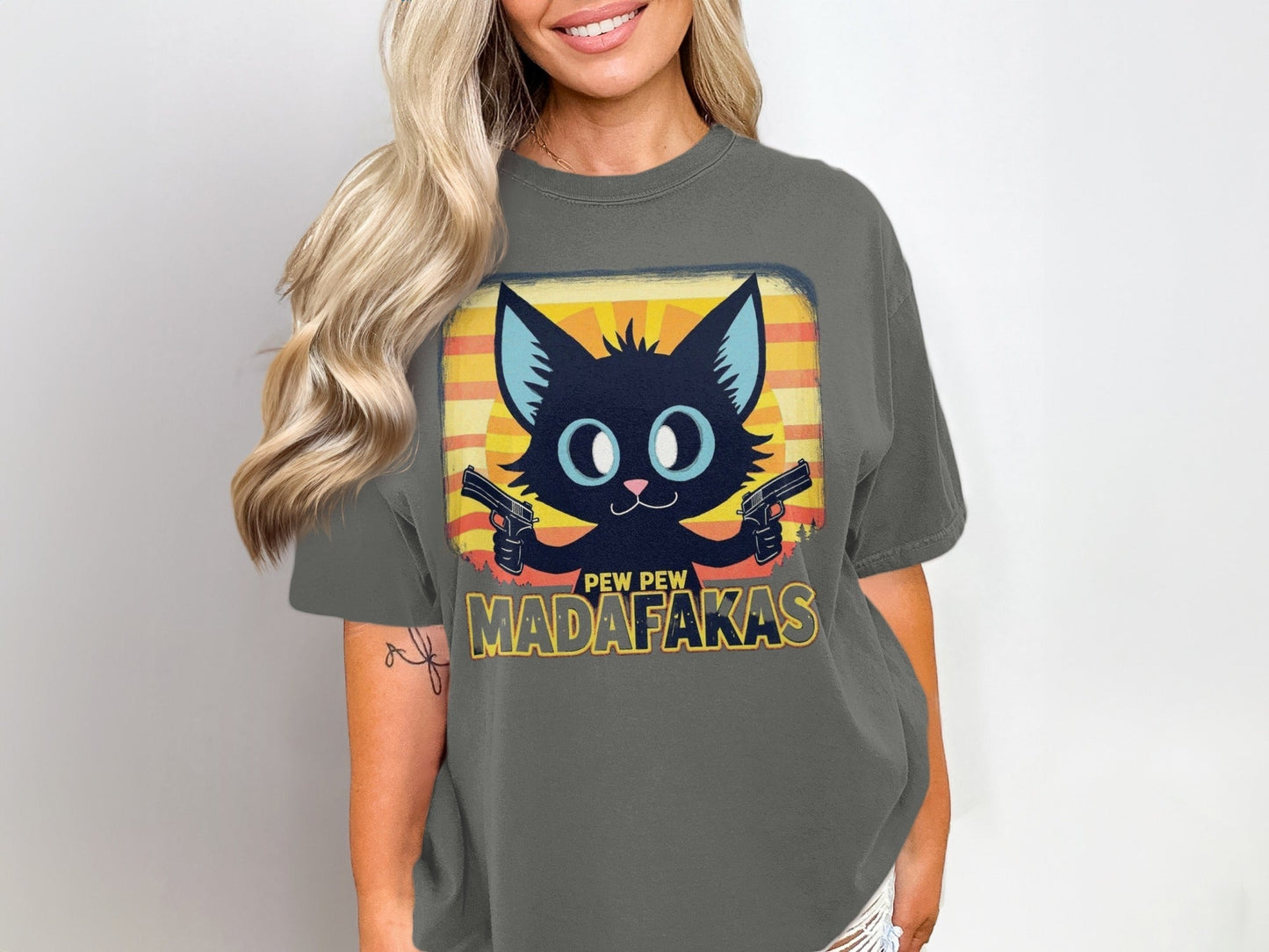 Funny Cat T-Shirt, Pew Pew Madafakas Tee, Gangster Cat Shirt, Kitten Lover Gift, Cool Graphic Tee, Unique Cat Design, Trendy T-Shirt - IconVexa