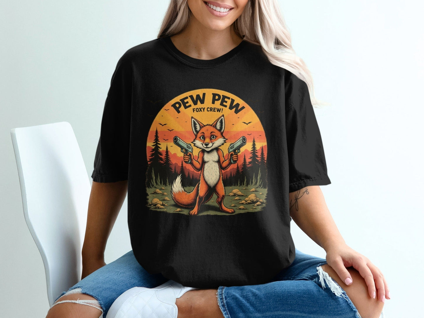 Funny Fox T-Shirt, Pew Pew Shirt, Foxy Crew Tee, Animal Shirt, Cartoon Shirt, Sunset T-Shirt, Novelty Tee, Graphic T Shirt - IconVexa