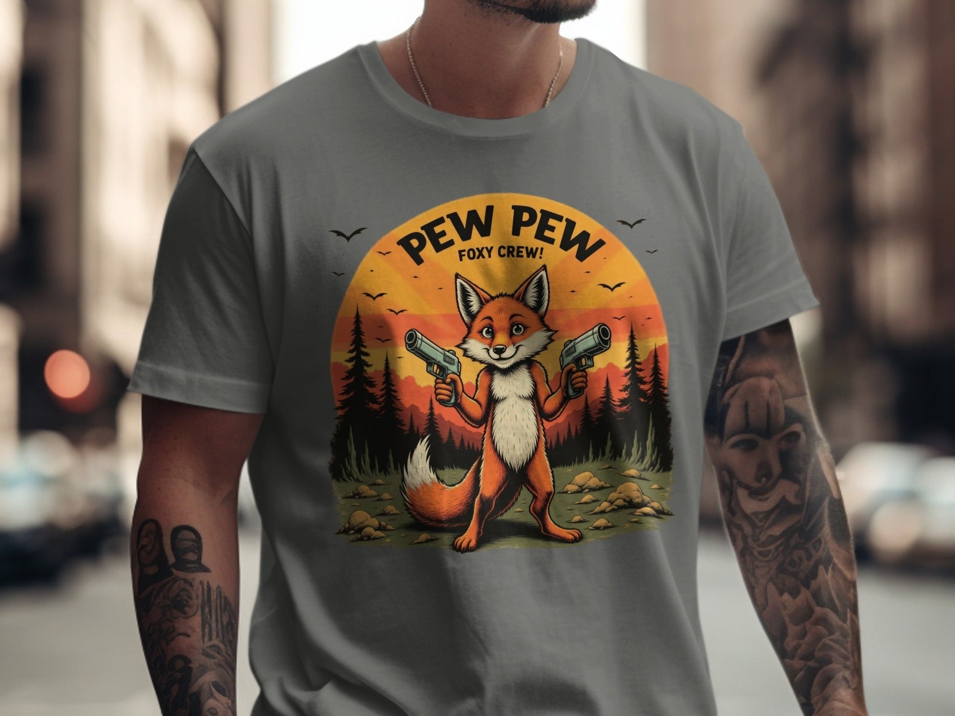 Funny Fox T-Shirt, Pew Pew Shirt, Foxy Crew Tee, Animal Shirt, Cartoon Shirt, Sunset T-Shirt, Novelty Tee, Graphic T Shirt - IconVexa