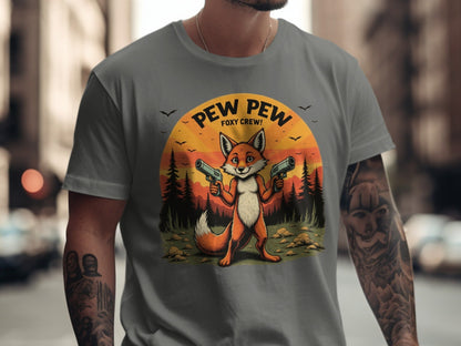 Funny Fox T-Shirt, Pew Pew Shirt, Foxy Crew Tee, Animal Shirt, Cartoon Shirt, Sunset T-Shirt, Novelty Tee, Graphic T Shirt - IconVexa