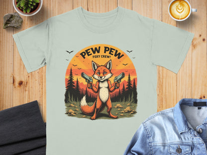 Funny Fox T-Shirt, Pew Pew Shirt, Foxy Crew Tee, Animal Shirt, Cartoon Shirt, Sunset T-Shirt, Novelty Tee, Graphic T Shirt - IconVexa