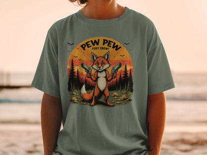 Funny Fox T-Shirt, Pew Pew Shirt, Foxy Crew Tee, Animal Shirt, Cartoon Shirt, Sunset T-Shirt, Novelty Tee, Graphic T Shirt - IconVexa