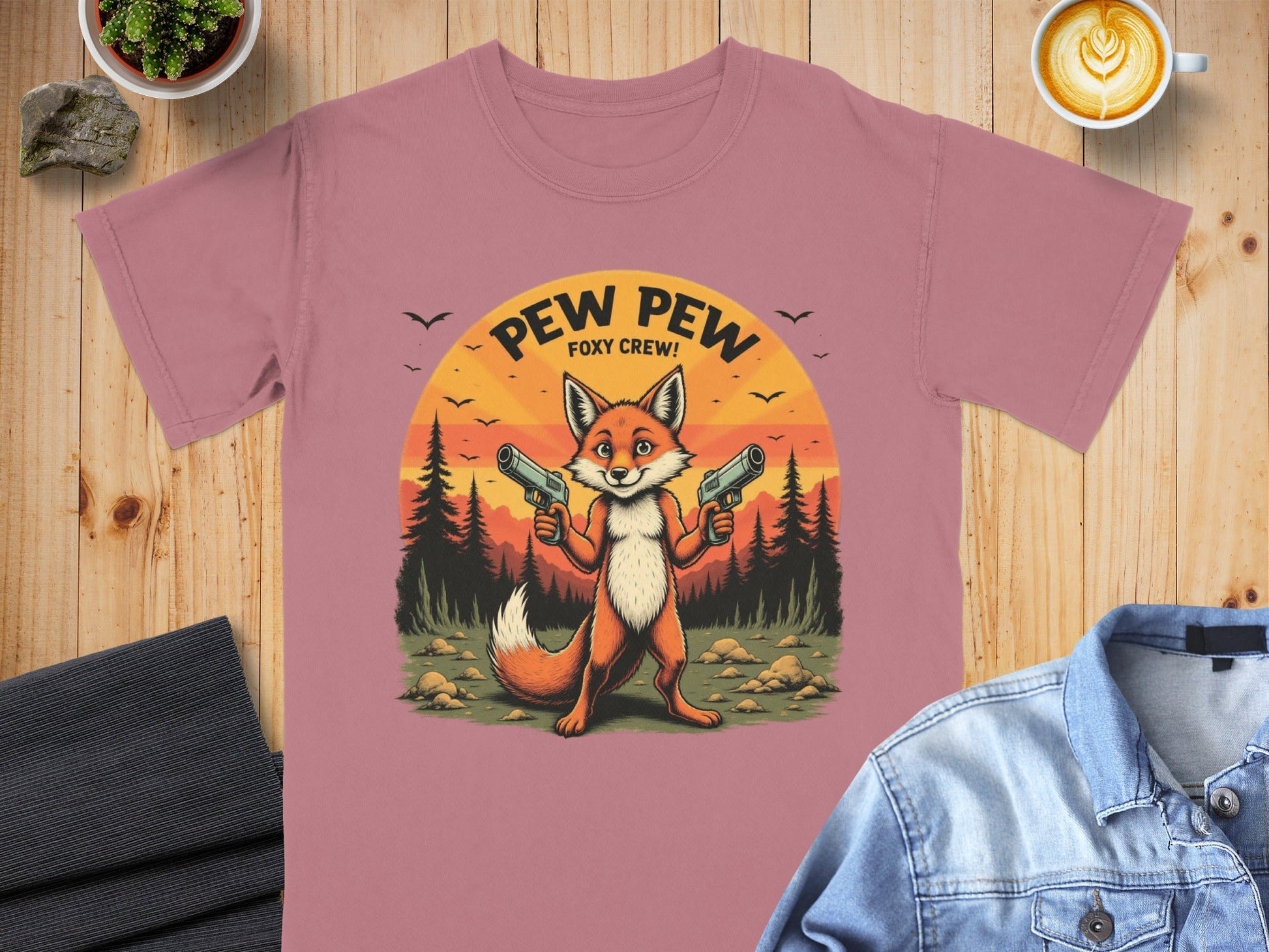Funny Fox T-Shirt, Pew Pew Shirt, Foxy Crew Tee, Animal Shirt, Cartoon Shirt, Sunset T-Shirt, Novelty Tee, Graphic T Shirt - IconVexa