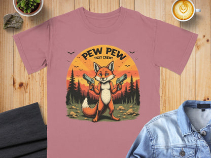 Funny Fox T-Shirt, Pew Pew Shirt, Foxy Crew Tee, Animal Shirt, Cartoon Shirt, Sunset T-Shirt, Novelty Tee, Graphic T Shirt - IconVexa
