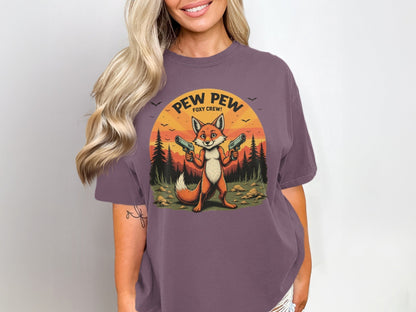 Funny Fox T-Shirt, Pew Pew Shirt, Foxy Crew Tee, Animal Shirt, Cartoon Shirt, Sunset T-Shirt, Novelty Tee, Graphic T Shirt - IconVexa