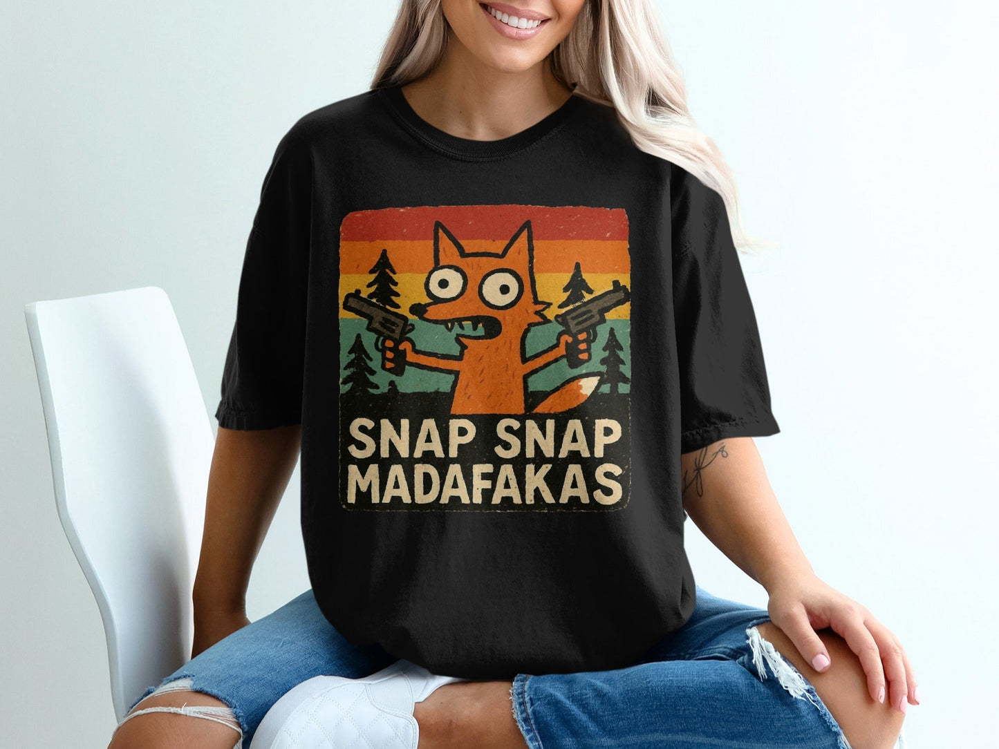 Funny Fox T-Shirt, Snap Snap, Novelty Graphic Tee, Cartoon Fox Shirt, Retro Sunset T-Shirt, Humor Tee Shirt, Unique Design T Shirt - IconVexa