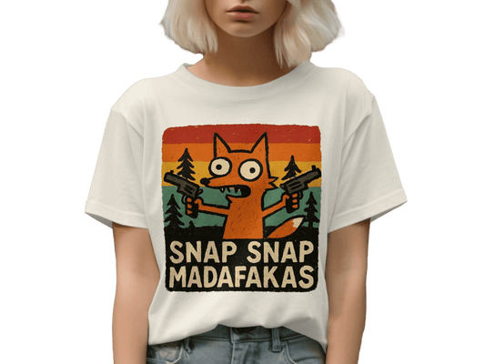 Funny Fox T-Shirt, Snap Snap, Novelty Graphic Tee, Cartoon Fox Shirt, Retro Sunset T-Shirt, Humor Tee Shirt, Unique Design T Shirt - IconVexa
