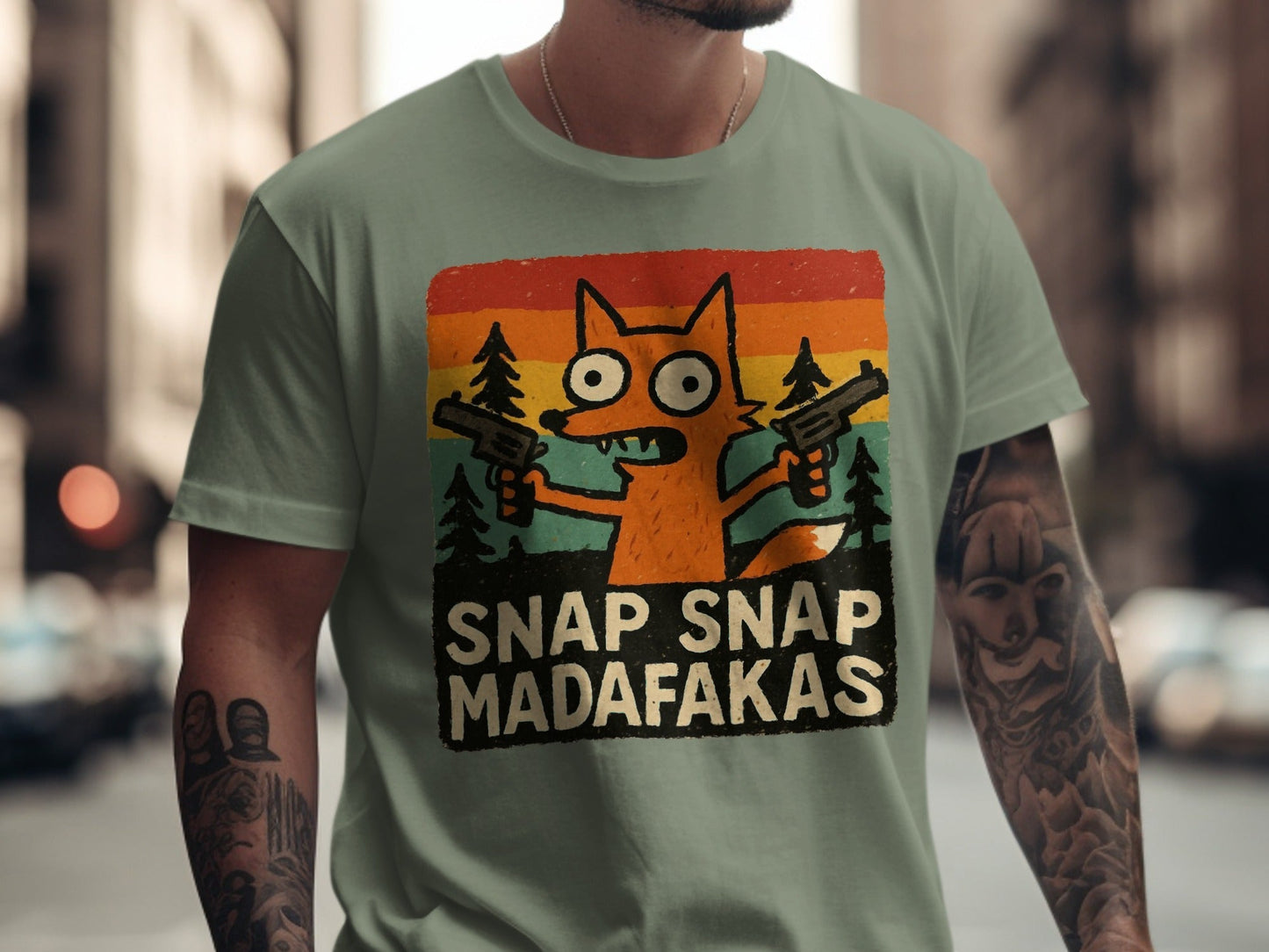 Funny Fox T-Shirt, Snap Snap, Novelty Graphic Tee, Cartoon Fox Shirt, Retro Sunset T-Shirt, Humor Tee Shirt, Unique Design T Shirt - IconVexa