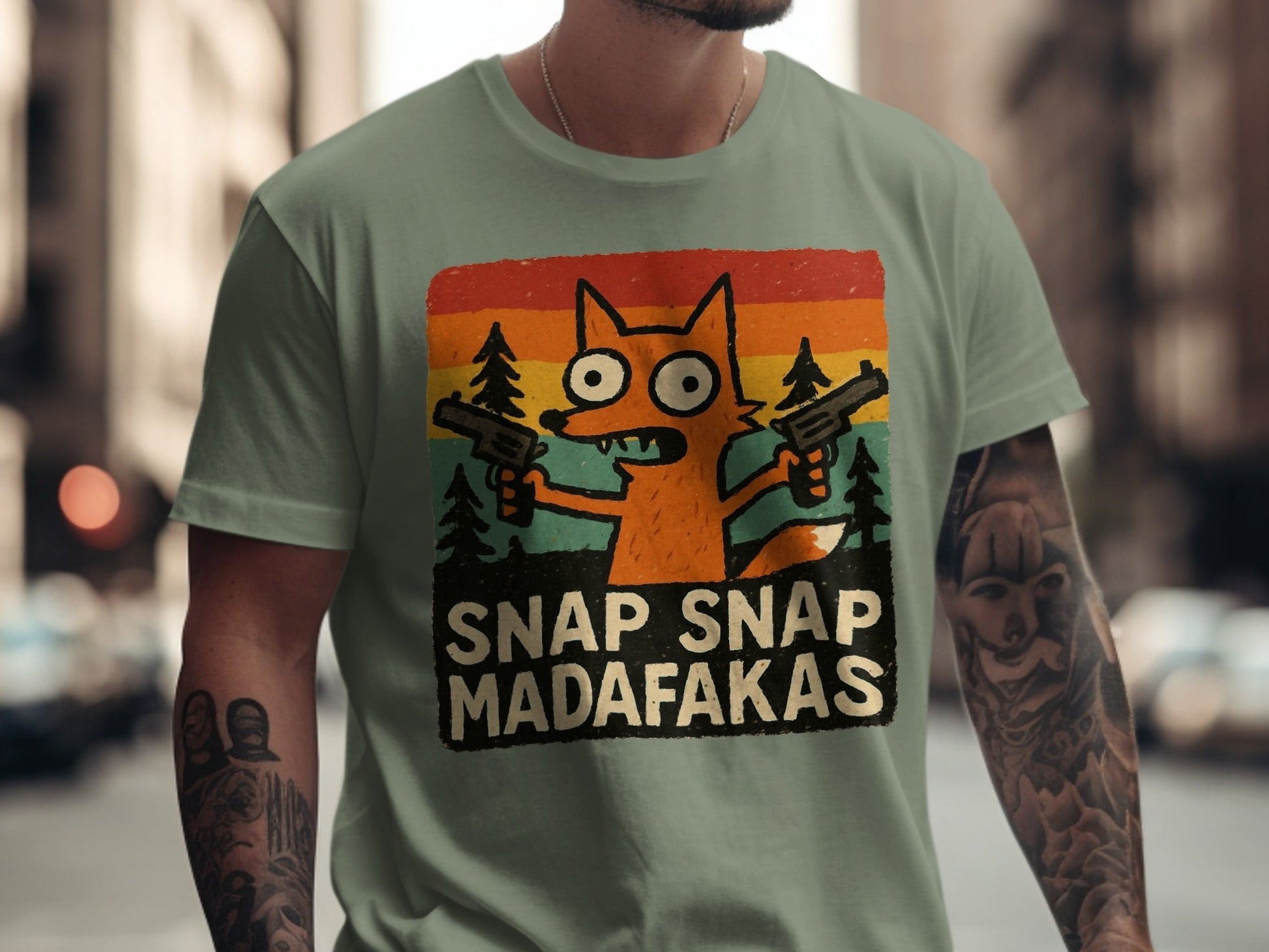 Funny Fox T-Shirt, Snap Snap, Novelty Graphic Tee, Cartoon Fox Shirt, Retro Sunset T-Shirt, Humor Tee Shirt, Unique Design T Shirt - IconVexa