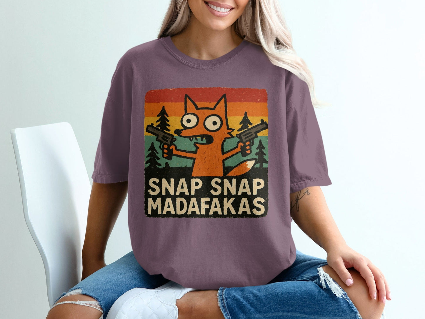 Funny Fox T-Shirt, Snap Snap, Novelty Graphic Tee, Cartoon Fox Shirt, Retro Sunset T-Shirt, Humor Tee Shirt, Unique Design T Shirt - IconVexa