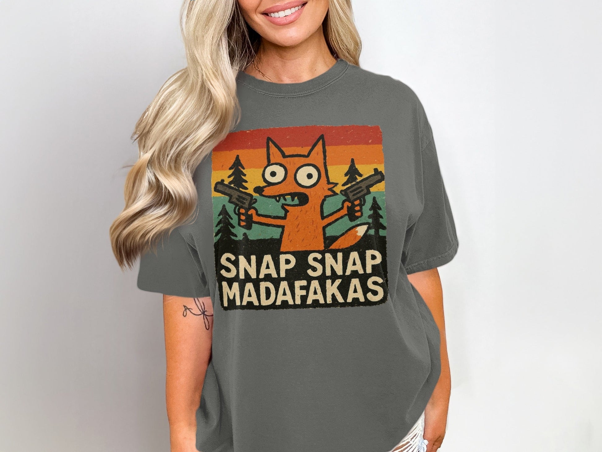 Funny Fox T-Shirt, Snap Snap, Novelty Graphic Tee, Cartoon Fox Shirt, Retro Sunset T-Shirt, Humor Tee Shirt, Unique Design T Shirt - IconVexa