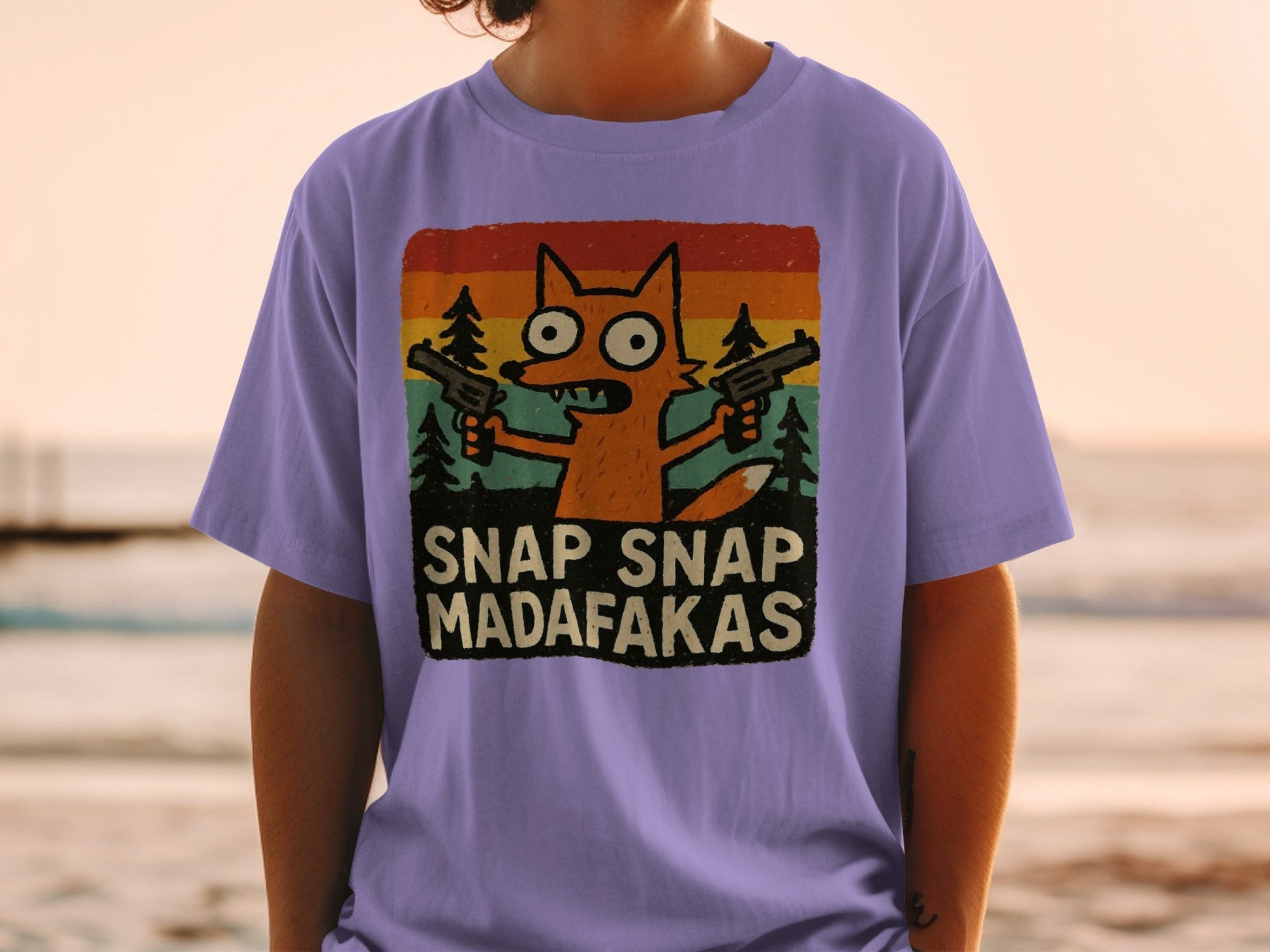 Funny Fox T-Shirt, Snap Snap, Novelty Graphic Tee, Cartoon Fox Shirt, Retro Sunset T-Shirt, Humor Tee Shirt, Unique Design T Shirt - IconVexa