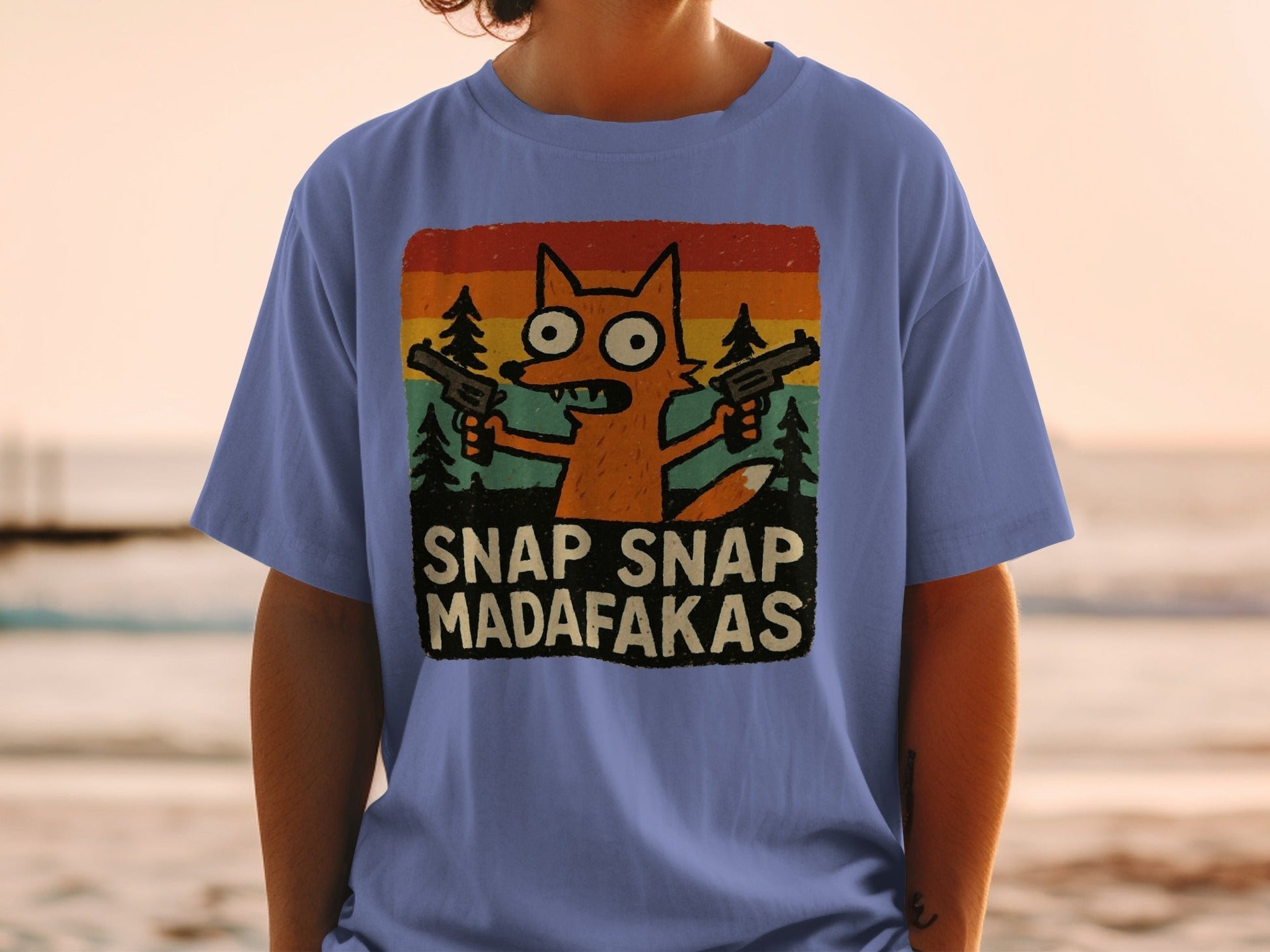 Funny Fox T-Shirt, Snap Snap, Novelty Graphic Tee, Cartoon Fox Shirt, Retro Sunset T-Shirt, Humor Tee Shirt, Unique Design T Shirt - IconVexa