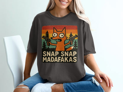 Funny Fox T-Shirt, Snap Snap, Novelty Graphic Tee, Cartoon Fox Shirt, Retro Sunset T-Shirt, Humor Tee Shirt, Unique Design T Shirt - IconVexa