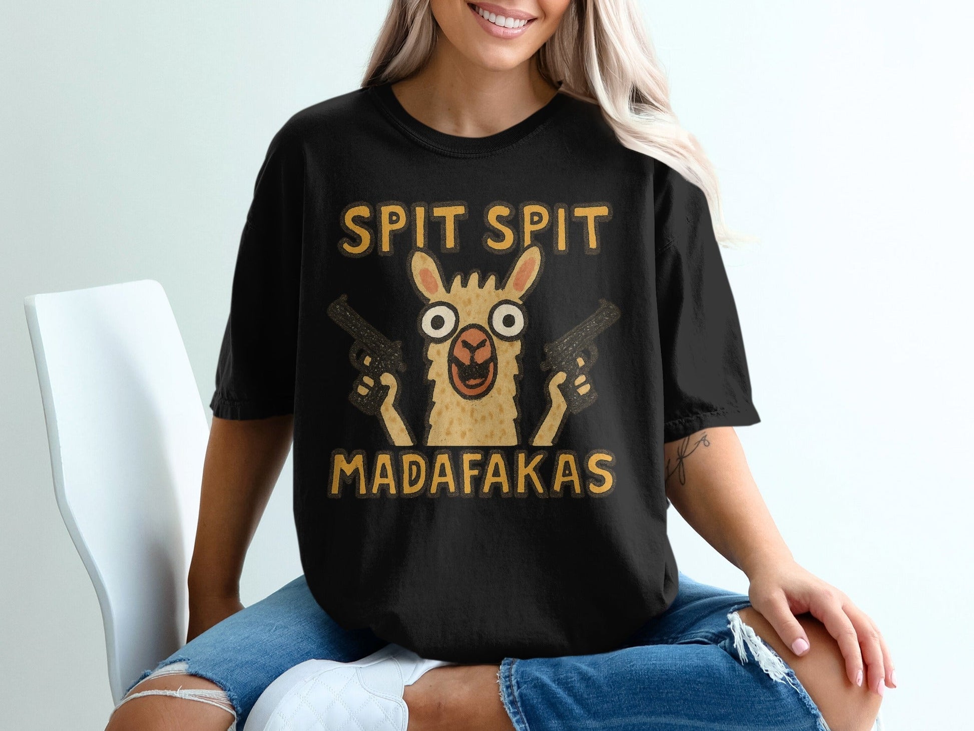 Funny Llama T-Shirt, Spit Spit, Madafakas, Novelty Tee, Animal Pun Shirt, Humor T-Shirt, Trendy T-Shirt, Gift Idea, Graphic Tee - IconVexa
