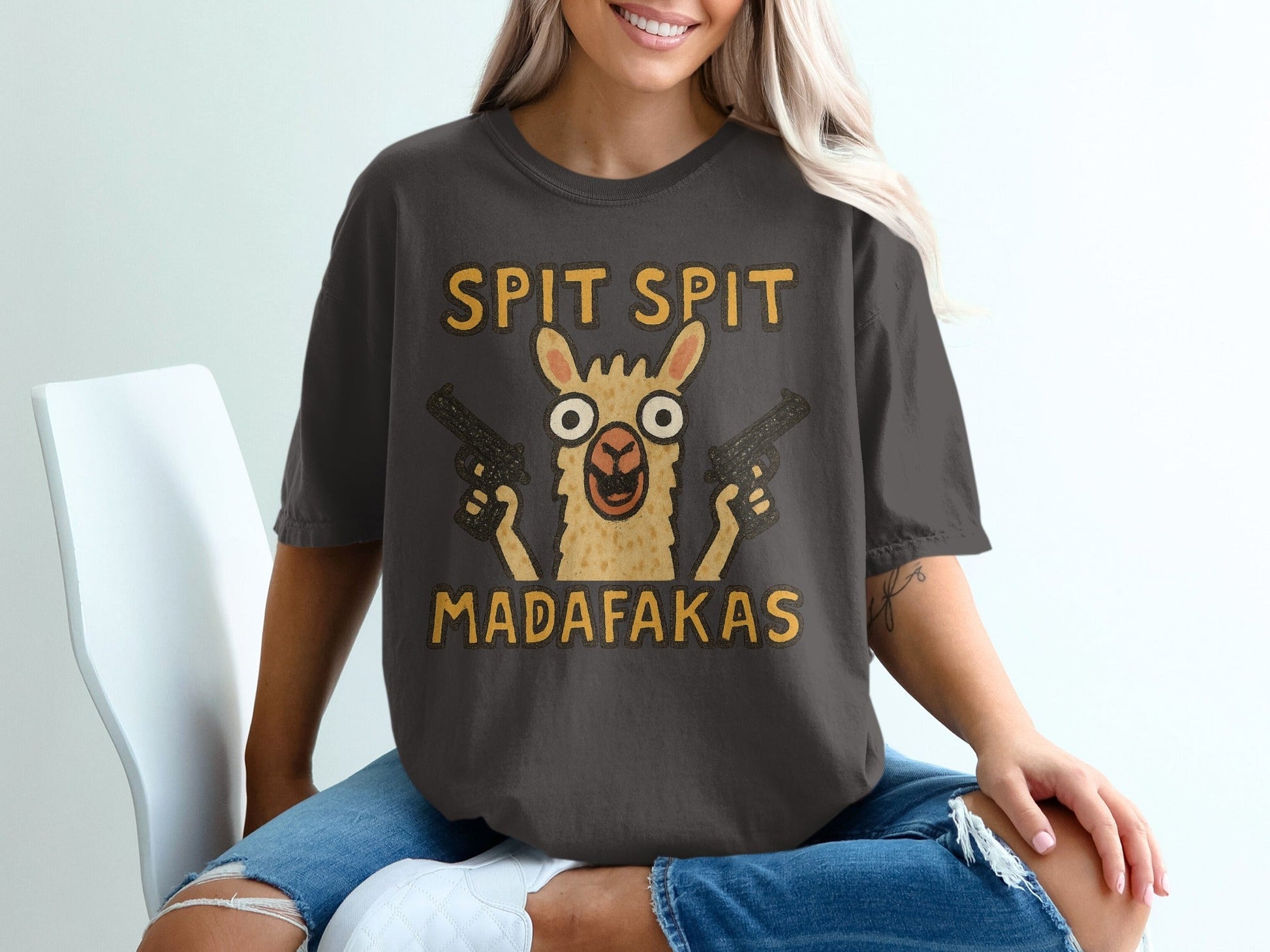 Funny Llama T-Shirt, Spit Spit, Madafakas, Novelty Tee, Animal Pun Shirt, Humor T-Shirt, Trendy T-Shirt, Gift Idea, Graphic Tee - IconVexa