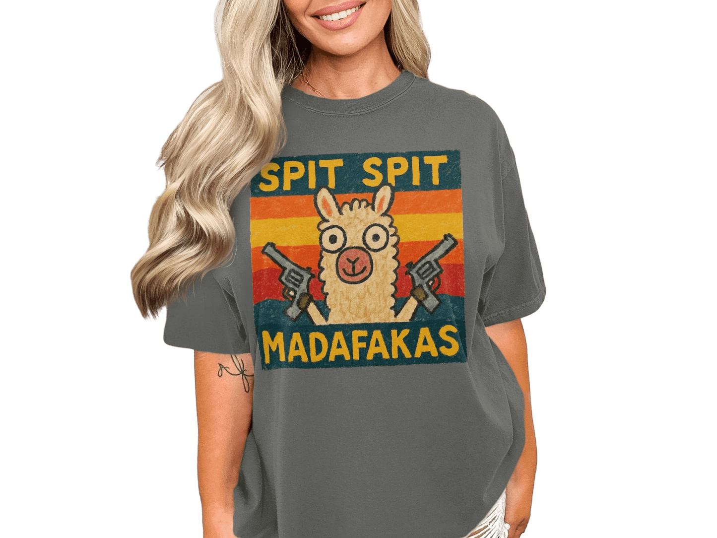 Funny Llama T-Shirt, Spit Spit Madafakas Tee, Novelty Animal Shirt, Retro Style T-Shirt, Gift for Llama Lovers, Trending Design Tee - IconVexa