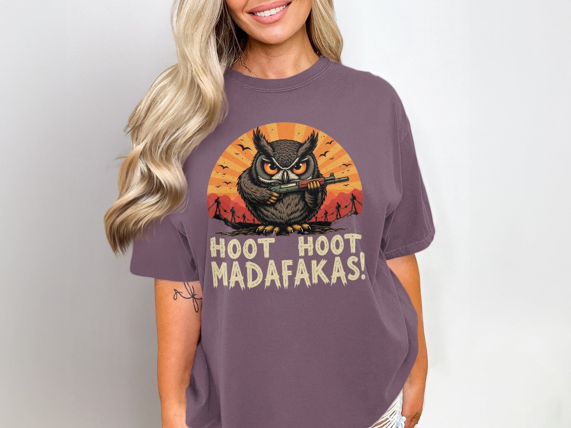 Funny Owl T-Shirt, Hoot Hoot Madafakas Tee, Angry Owl With Gun Shirt, Graphic Tee Shirt, Novelty T-Shirt, Sarcastic Owl T-Shirt - IconVexa