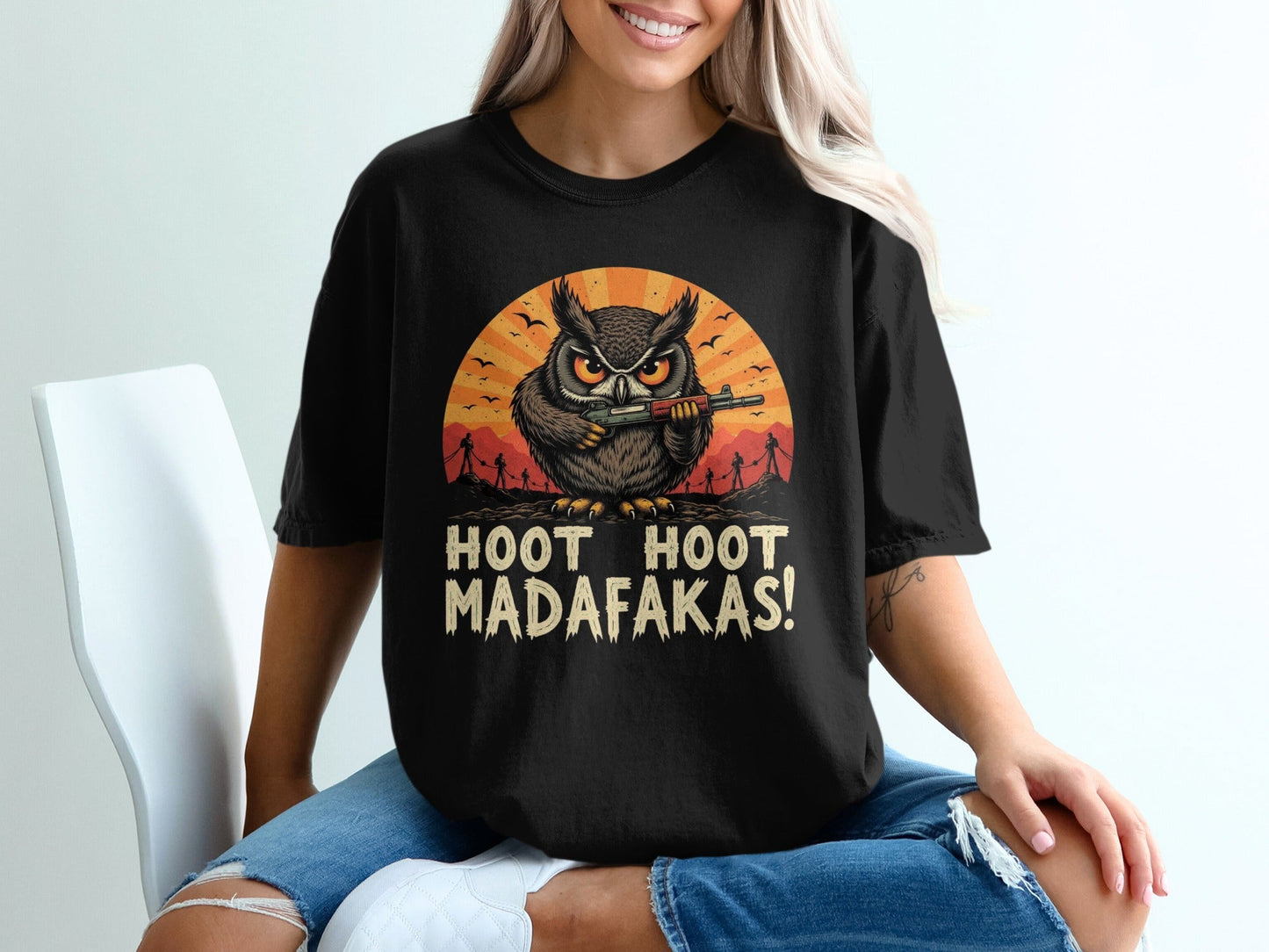Funny Owl T-Shirt, Hoot Hoot Madafakas Tee, Angry Owl With Gun Shirt, Graphic Tee Shirt, Novelty T-Shirt, Sarcastic Owl T-Shirt - IconVexa