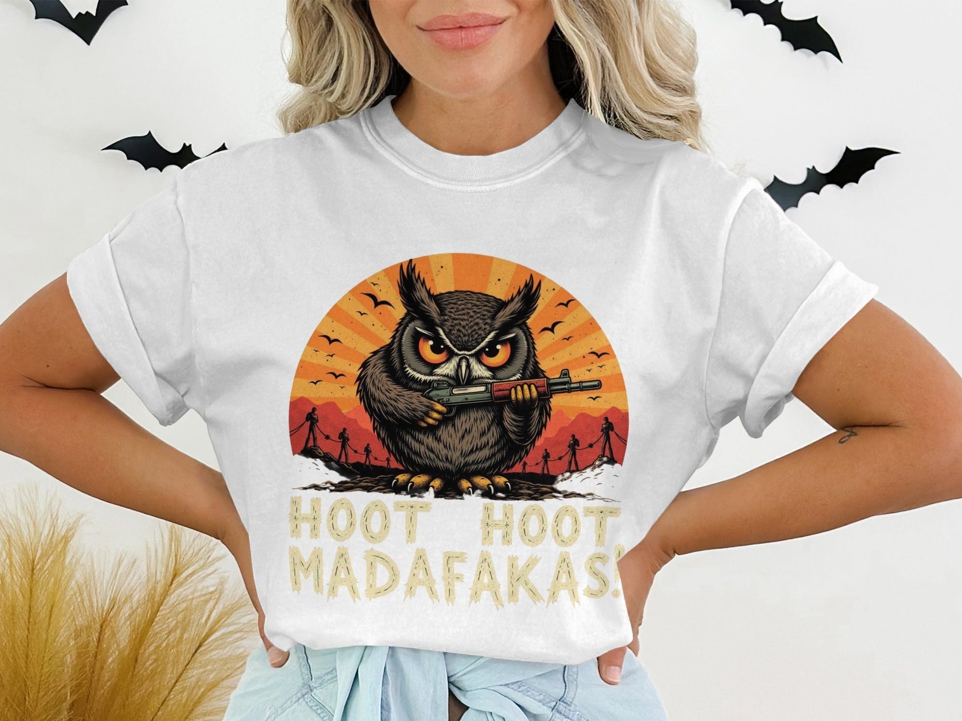 Funny Owl T-Shirt, Hoot Hoot Madafakas Tee, Angry Owl With Gun Shirt, Graphic Tee Shirt, Novelty T-Shirt, Sarcastic Owl T-Shirt - IconVexa