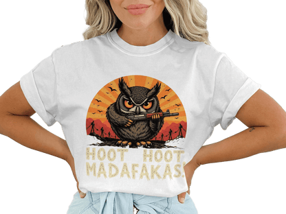 Funny Owl T-Shirt, Hoot Hoot Madafakas Tee, Angry Owl With Gun Shirt, Graphic Tee Shirt, Novelty T-Shirt, Sarcastic Owl T-Shirt - IconVexa