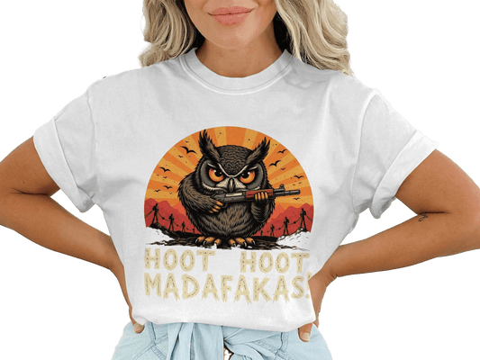 Funny Owl T-Shirt, Hoot Hoot Madafakas Tee, Angry Owl With Gun Shirt, Graphic Tee Shirt, Novelty T-Shirt, Sarcastic Owl T-Shirt - IconVexa