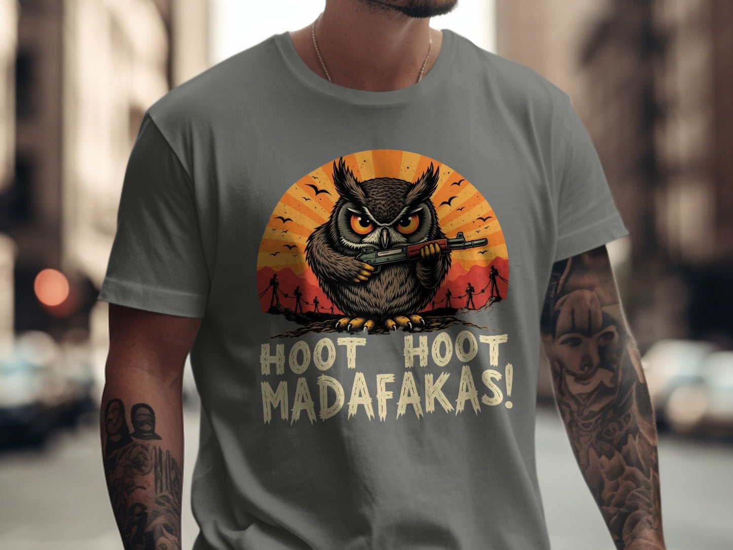 Funny Owl T-Shirt, Hoot Hoot Madafakas Tee, Angry Owl With Gun Shirt, Graphic Tee Shirt, Novelty T-Shirt, Sarcastic Owl T-Shirt - IconVexa