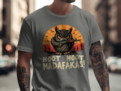 Funny Owl T-Shirt, Hoot Hoot Madafakas Tee, Angry Owl With Gun Shirt, Graphic Tee Shirt, Novelty T-Shirt, Sarcastic Owl T-Shirt - IconVexa