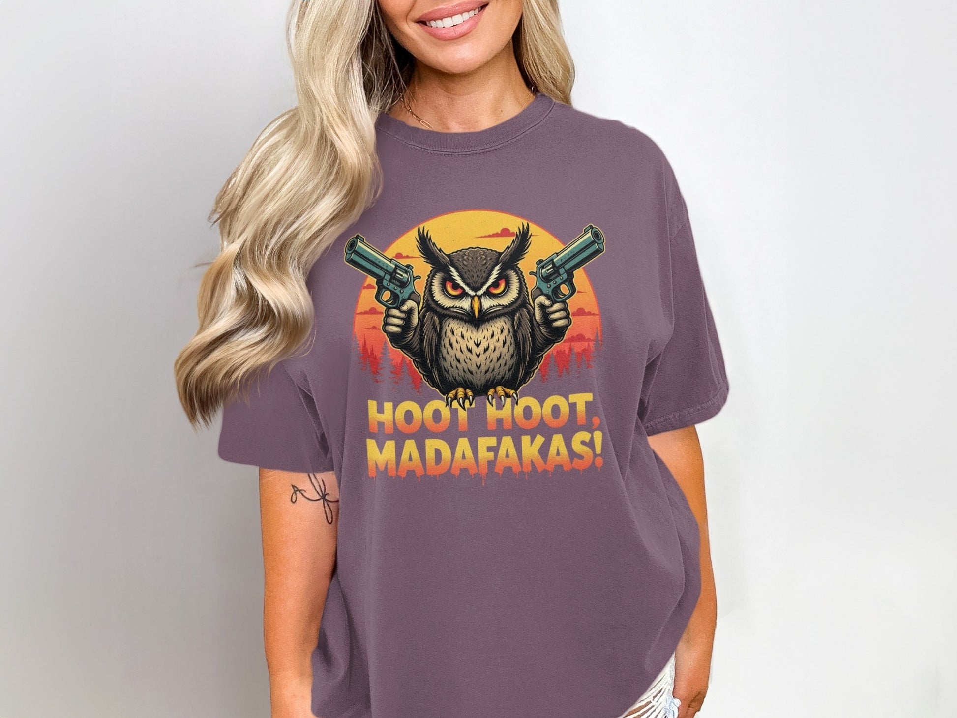 Funny Owl T-Shirt, Hoot Hoot Madafakas Tee, Gangster Owl With Guns T-Shirt, Sarcastic Owl Shirt, Unique Graphic Tee For Owl Lovers - IconVexa