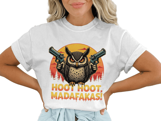 Funny Owl T-Shirt, Hoot Hoot Madafakas Tee, Gangster Owl With Guns T-Shirt, Sarcastic Owl Shirt, Unique Graphic Tee For Owl Lovers - IconVexa