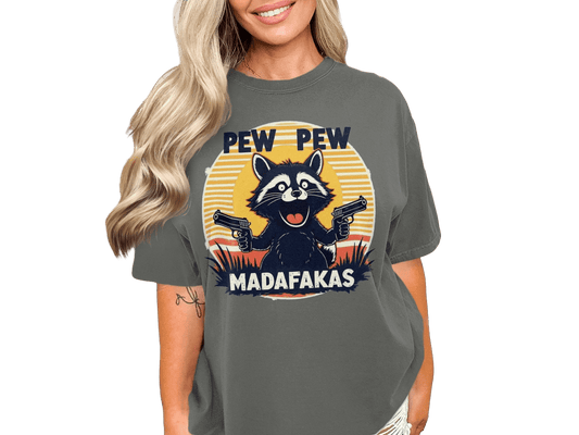 Funny Raccoon T-Shirt, Pew Pew Madafakas Shirt, Graphic Tee, Animal Lover Gift, Sarcastic Tee, Trendy T-Shirt, Humor T-Shirt, Gift for Her - IconVexa