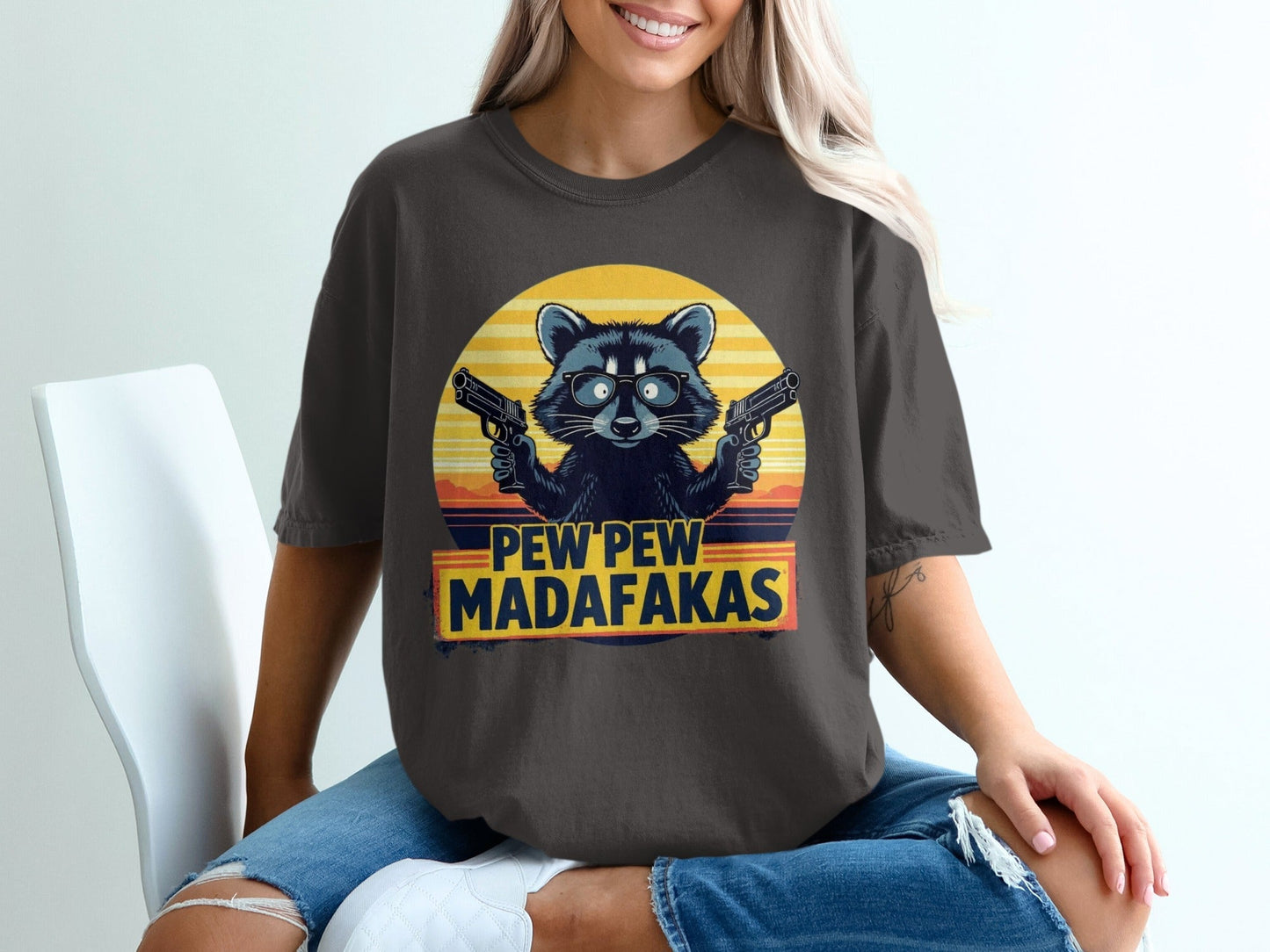 Funny Raccoon T-Shirt, Pew Pew Madafakas Tee, Gangster Animal Shirt, Graphic T-Shirt, Cool Raccoon Design, Novelty T-Shirt - IconVexa