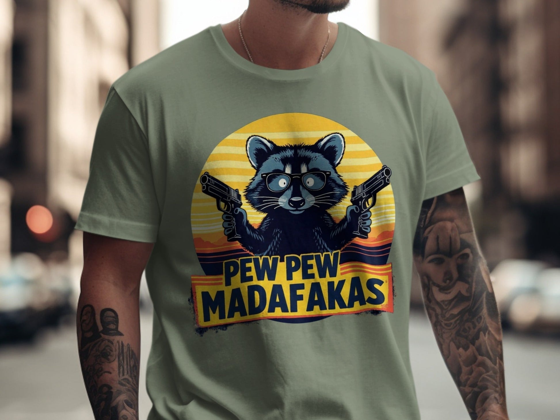 Funny Raccoon T-Shirt, Pew Pew Madafakas Tee, Gangster Animal Shirt, Graphic T-Shirt, Cool Raccoon Design, Novelty T-Shirt - IconVexa