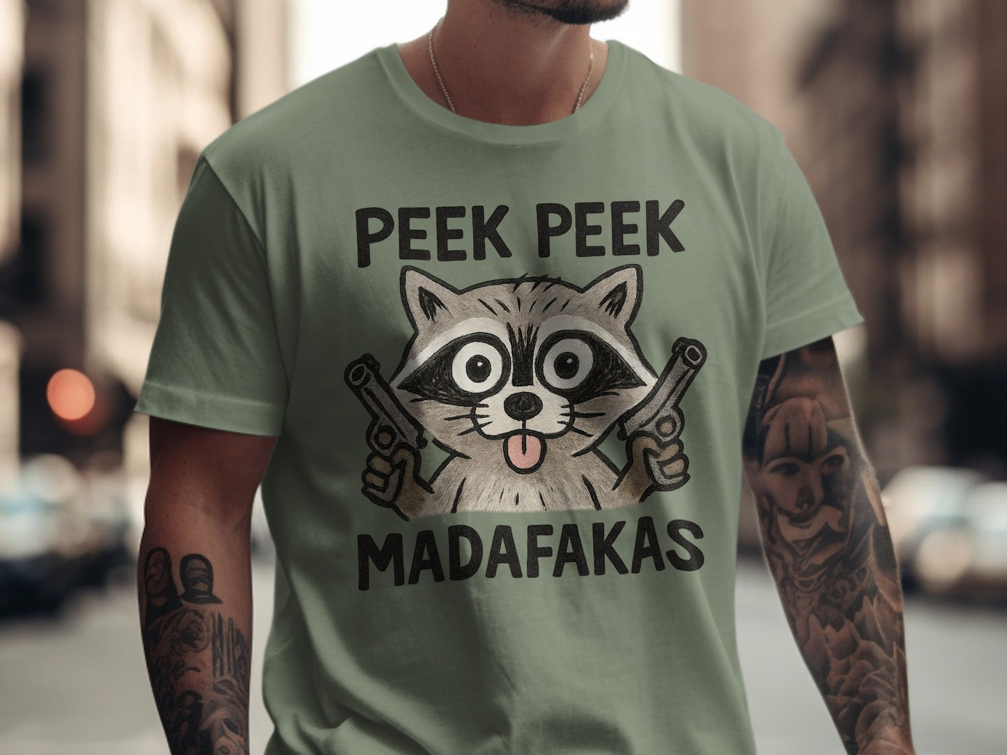 Funny Raccoon Tee Shirt, Gangster Animal T-Shirt, Peek Peek Madafakas T-Shirt, Novelty Humor Shirt, Trending T-Shirt Design - IconVexa