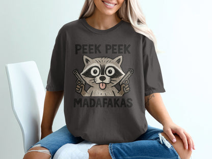 Funny Raccoon Tee Shirt, Gangster Animal T-Shirt, Peek Peek Madafakas T-Shirt, Novelty Humor Shirt, Trending T-Shirt Design - IconVexa