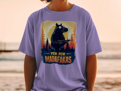 Funny Rat T-Shirt, Pew Pew Madafakas Tee, Gangster Rodent Shirt, Gun Rat T-Shirt, Sunset T-Shirt, Wildlife T-Shirt, Humor T-Shirt - IconVexa