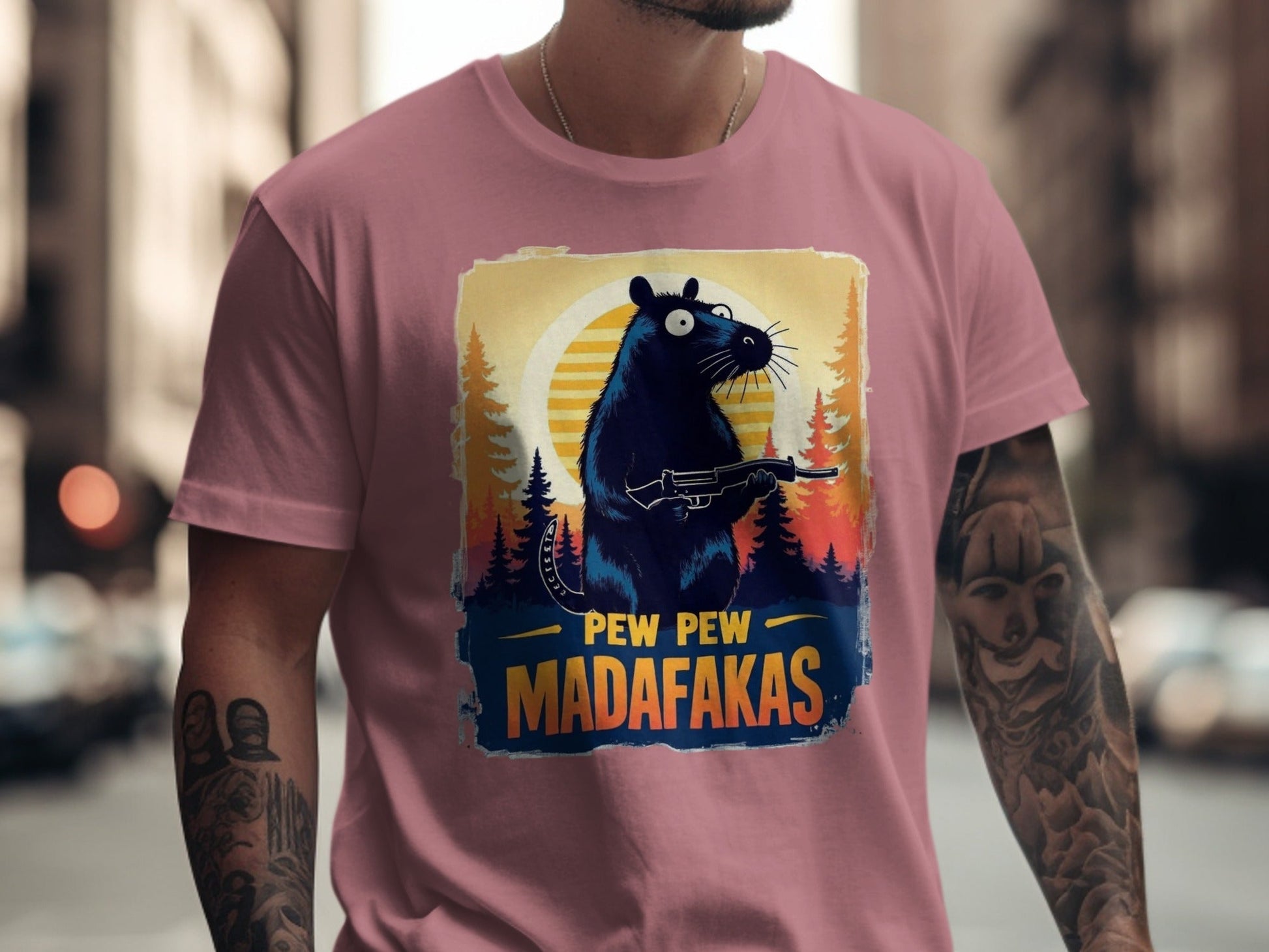 Funny Rat T-Shirt, Pew Pew Madafakas Tee, Gangster Rodent Shirt, Gun Rat T-Shirt, Sunset T-Shirt, Wildlife T-Shirt, Humor T-Shirt - IconVexa