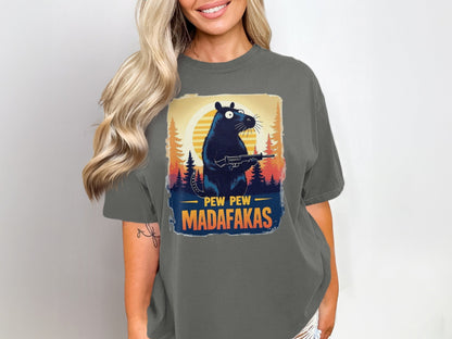 Funny Rat T-Shirt, Pew Pew Madafakas Tee, Gangster Rodent Shirt, Gun Rat T-Shirt, Sunset T-Shirt, Wildlife T-Shirt, Humor T-Shirt - IconVexa