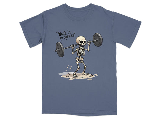 Funny Skeleton Lifting Barbell Work in Progress T-Shirt - IconVexa