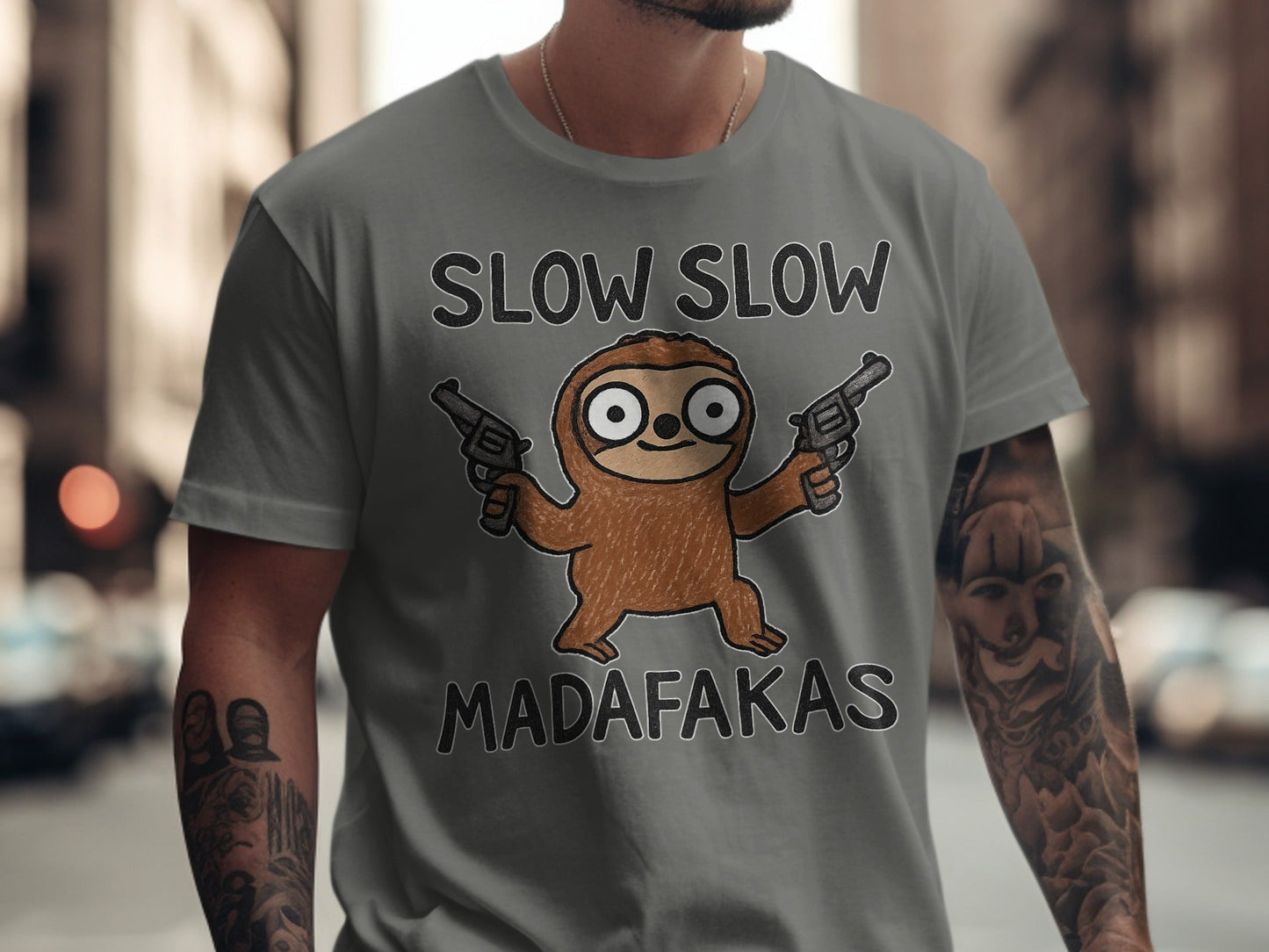 Funny Sloth T Shirt, Slow Slow Madafakas Tee, Animal Graphic Tee, Humor T Shirt, Sloth with Guns T Shirt, Novelty Gift, Unisex T-Shirt - IconVexa