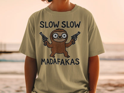Funny Sloth T Shirt, Slow Slow Madafakas Tee, Animal Graphic Tee, Humor T Shirt, Sloth with Guns T Shirt, Novelty Gift, Unisex T-Shirt - IconVexa