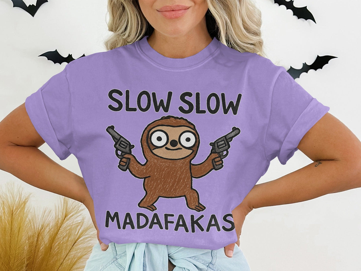 Funny Sloth T Shirt, Slow Slow Madafakas Tee, Animal Graphic Tee, Humor T Shirt, Sloth with Guns T Shirt, Novelty Gift, Unisex T-Shirt - IconVexa
