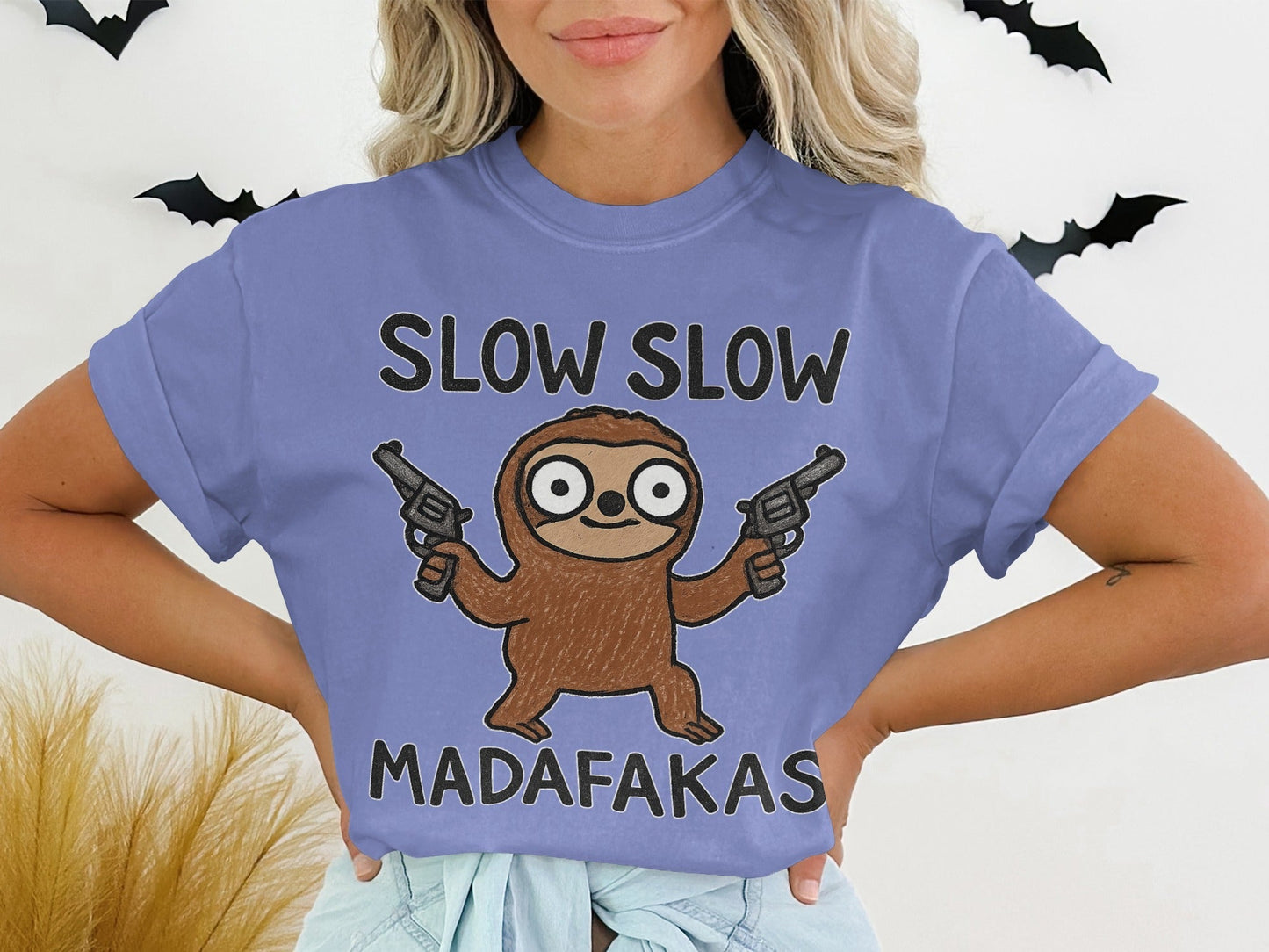 Funny Sloth T Shirt, Slow Slow Madafakas Tee, Animal Graphic Tee, Humor T Shirt, Sloth with Guns T Shirt, Novelty Gift, Unisex T-Shirt - IconVexa